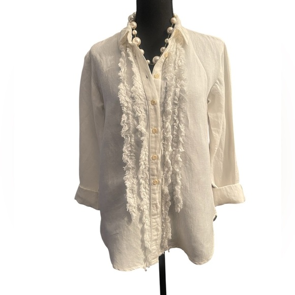 Pilcro Anthropologie White LinenBlend Ruffle Button FrontBlouse Boho Cottagecore - Picture 11 of 11